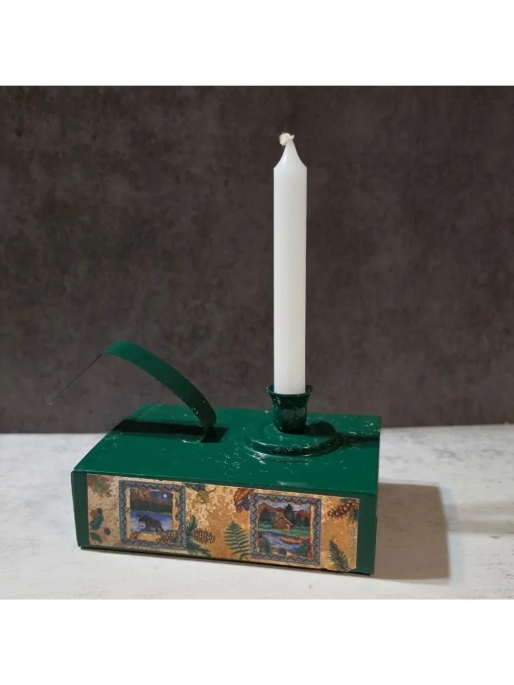 Vtg Green Metal Emergency Candle Tin Holder Storage Drawer Cabin Lodge Bear